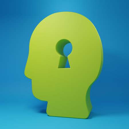 Green Solution to the problem in psychology icon isolated on blue background. Key. Therapy for mental health. Minimalism concept. 3D render illustration.の写真素材