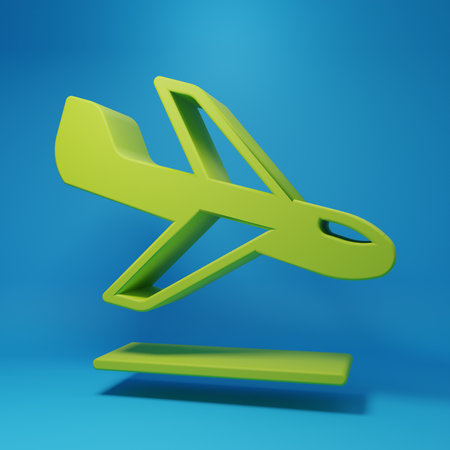 Green Plane landing icon isolated on blue background. Airplane transport symbol. Minimalism concept....