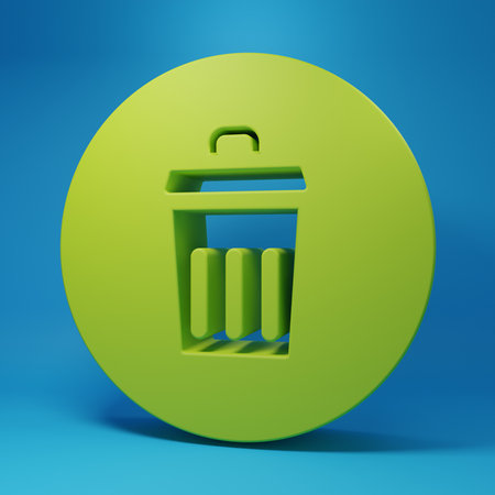 Green Trash can icon isolated on blue background. Garbage bin sign. Recycle basket icon. Office trash icon. Minimalism concept. 3D render illustration.の写真素材