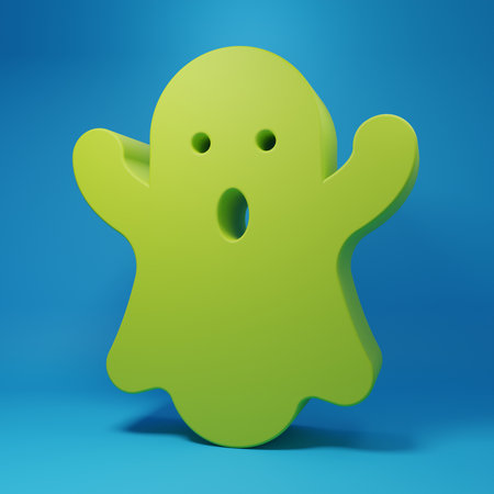 Green Ghost icon isolated on blue background. Happy Halloween party. Minimalism concept. 3D render illustration.の写真素材