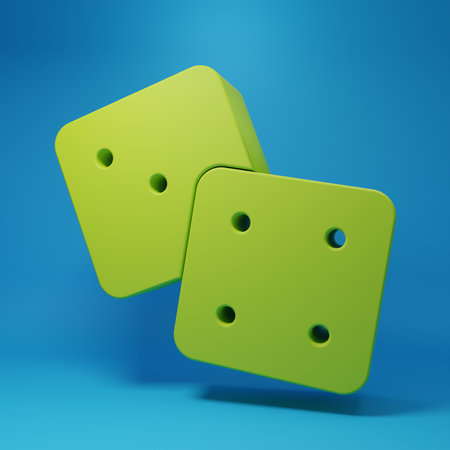 Green Game dice icon isolated on blue background. Casino gambling. Minimalism concept. 3D render...