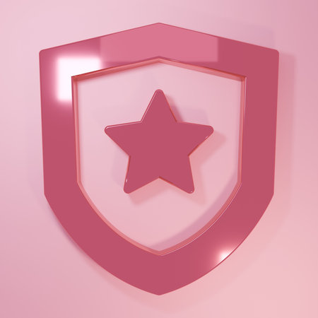 Pink badge icon isolated on pink background. Sheriff badge sign. Minimalism concept. 3D render illustration.の写真素材