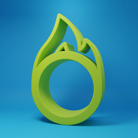 Green Circus fire hoop icon isolated on blue background. Ring of fire flame. Round fiery frame. Minimalism concept. 3D render illustration.の写真素材