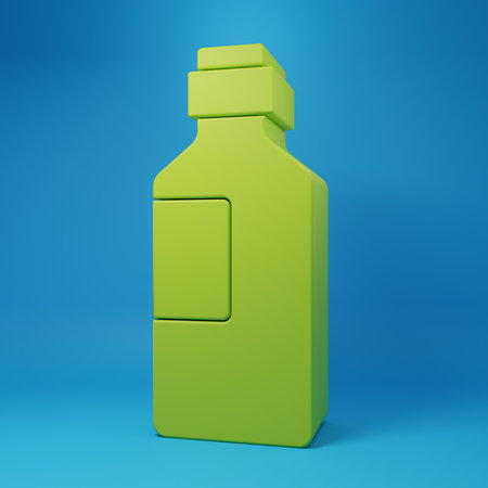 Green Bottle of water icon isolated on blue background. Soda aqua drink sign. Minimalism concept. 3D render illustration.の写真素材
