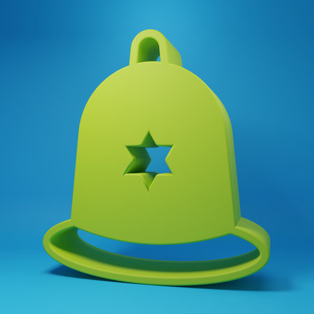 Green British police helmet icon isolated on blue background. Minimalism concept. 3D render illustration.の写真素材