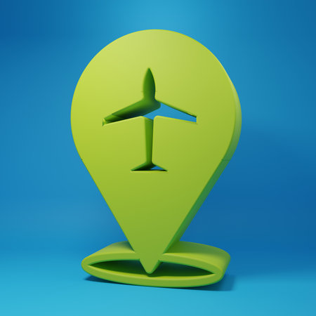 Green Plane icon isolated on blue background. Flying airplane icon. Airliner sign. Minimalism concept. 3D render illustration.の写真素材