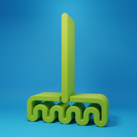 Green Garden rake icon isolated on blue background. Tool for horticulture, agriculture, farming. Ground cultivator. Housekeeping equipment. Minimalism concept. 3D render illustration.の写真素材