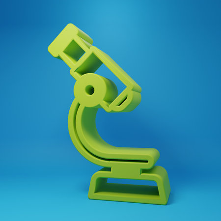 Green Microscope icon isolated on blue background. Chemistry, pharmaceutical instrument, microbiology magnifying tool. Minimalism concept. 3D render illustration.の写真素材