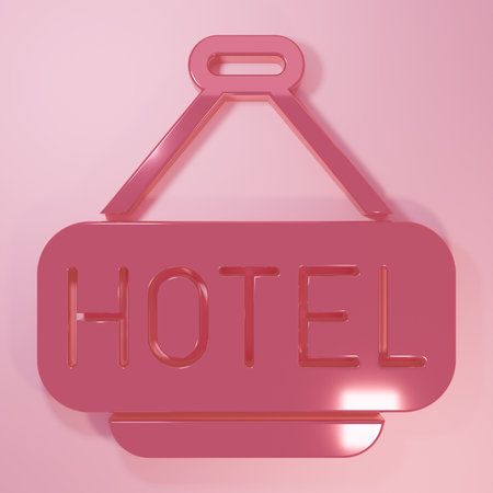 Pink Signboard outdoor advertising with text Hotel icon isolated on pink background. Minimalism concept. 3D render illustration.の写真素材