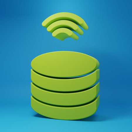 Green Smart Server, Data, Web Hosting icon isolated on blue background. Internet of things concept with wireless connection. Minimalism concept. 3D render illustration.の写真素材