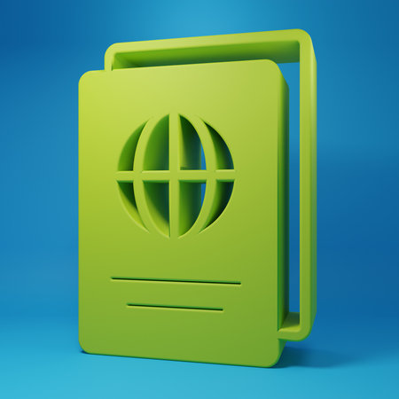 Green Passport with biometric data icon isolated on blue background. Identification document. Minimalism concept. 3D render illustration.の写真素材