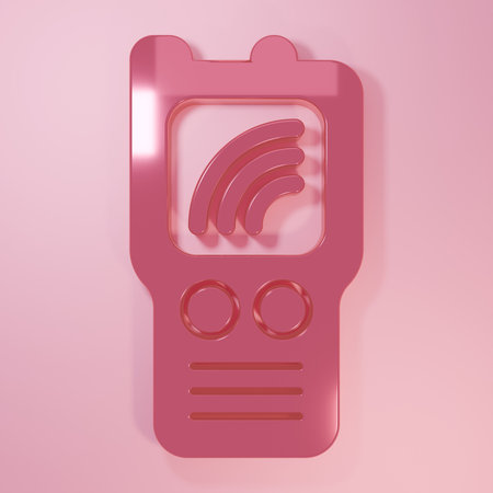 Pink Walkie talkie icon isolated on pink background. Portable radio transmitter icon. Radio transceiver sign. Minimalism concept. 3D render illustration.の写真素材