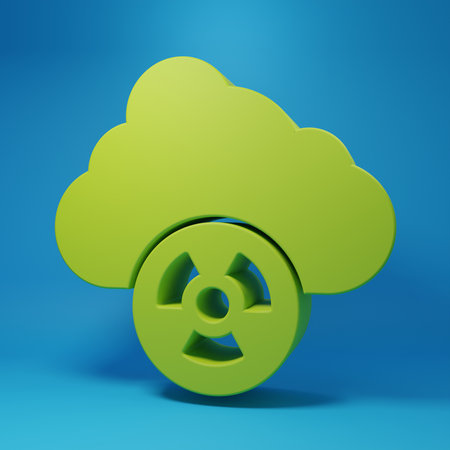 Green Acid rain and radioactive cloud icon isolated on blue background. Effects of toxic air pollution on the environment. Minimalism concept. 3D render illustration.の写真素材