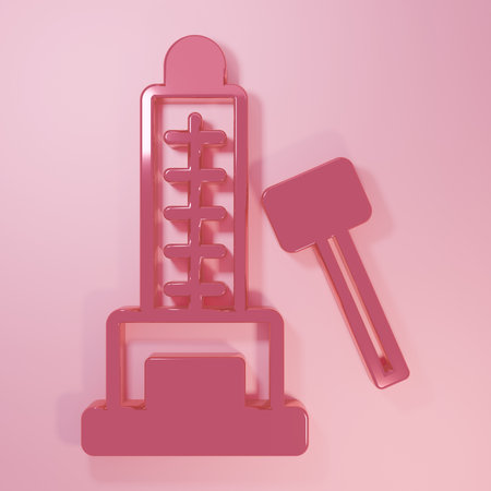 Pink High striker attraction with big hammer icon isolated on pink background. Attraction for measuring strength. Amusement park. Minimalism concept. 3D render illustration.の写真素材