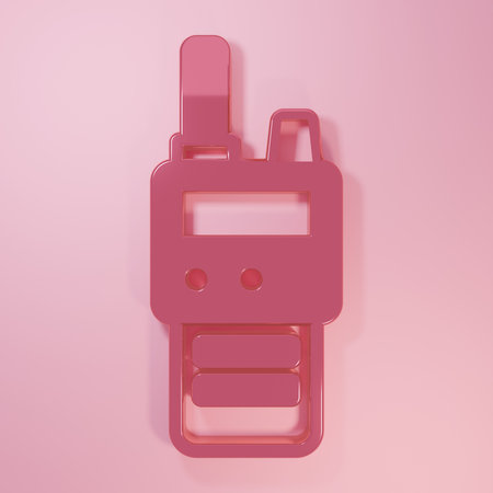 Pink Walkie talkie icon isolated on pink background. Portable radio transmitter icon. Radio transceiver sign. Minimalism concept. 3D render illustration.の写真素材
