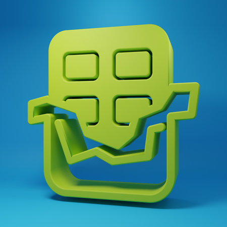 Green Chocolate bar icon isolated on blue background. Minimalism concept. 3D render illustration.の写真素材