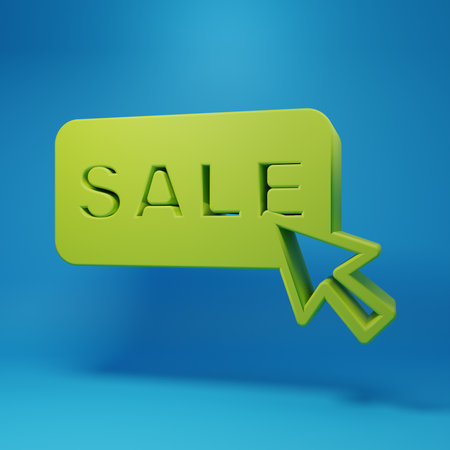 Green Price tag with an inscription Sale icon isolated on blue background. Badge for price. Promo tag discount. Minimalism concept. 3D render illustration.の写真素材