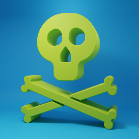 Green Bones and skull as a sign of toxicity warning icon isolated on blue background. Minimalism concept. 3D render illustration.の写真素材