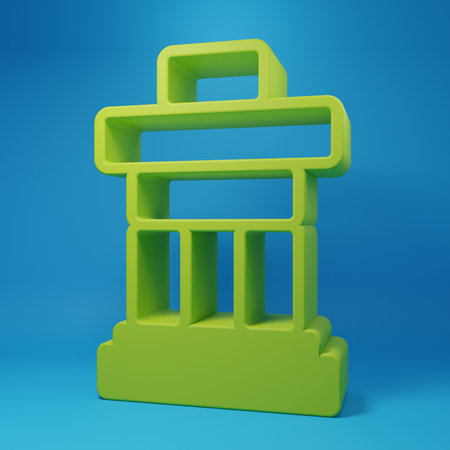 Green Inukshuk icon isolated on blue background. Minimalism concept. 3D render illustration.の写真素材