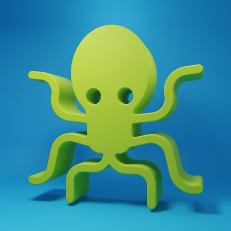 Green Octopus icon isolated on blue background. Minimalism concept. 3D render illustration.の写真素材