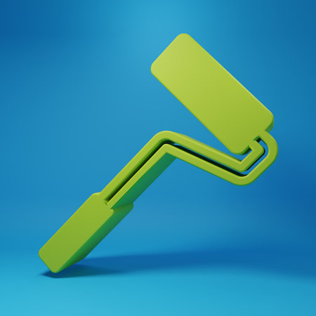Green Paint roller brush icon isolated on blue background. Minimalism concept. 3D render illustration.の写真素材