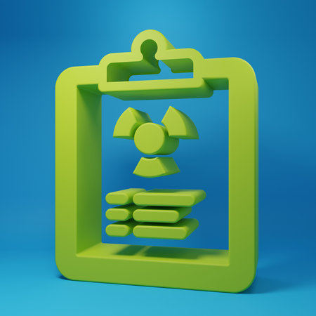 Green Radiation warning document icon isolated on blue background. Text file. Minimalism concept. 3D render illustration.の写真素材