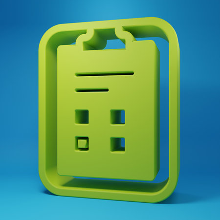 Green Exam sheet with check mark icon isolated on blue background. Test paper, exam, or survey concept. School test or exam. Minimalism concept. 3D render illustration.の写真素材