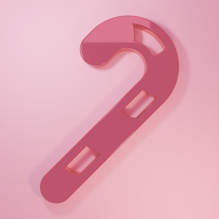Pink candy cane with stripes icon isolated on pink background. Minimalism concept. 3D render illustration.の写真素材