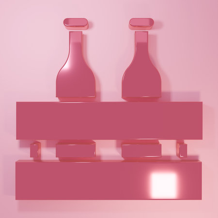 Pink Pack of beer bottles icon isolated on pink background. Wooden box and beer bottles. Case crate beer box sign. Minimalism concept. 3D render illustration.の写真素材