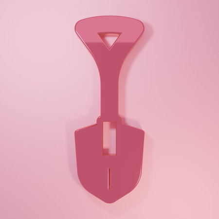 Pink Shovel icon isolated on pink background. Gardening tool. Tool for horticulture, agriculture, farming. Minimalism concept. 3D render illustration.の写真素材