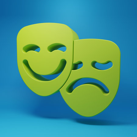 Green Comedy and tragic theatrical masks icon isolated on blue background. Minimalism concept. 3D render illustration.の写真素材