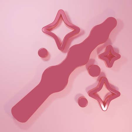 Pink Magic wand icon isolated on pink background. Star shape magic accessory. Magical power. Happy Halloween party. Minimalism concept. 3D render illustration.の写真素材