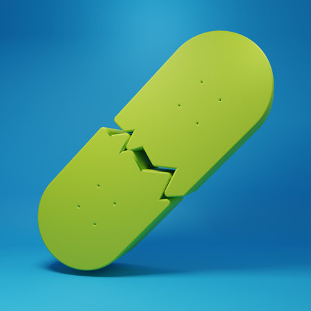 Green Broken skateboard deck icon isolated on blue background. Extreme sport. Sport equipment. Minimalism concept. 3D render illustration.の写真素材