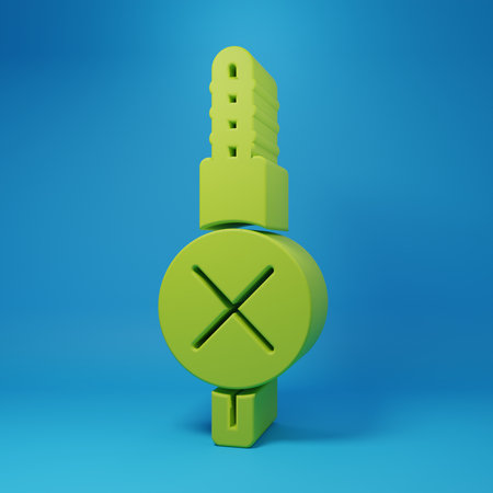 Green No audio jack icon isolated on blue background. Audio cable for connection sound equipment. Plug wire. Musical instrument. Minimalism concept. 3D render illustration.の写真素材
