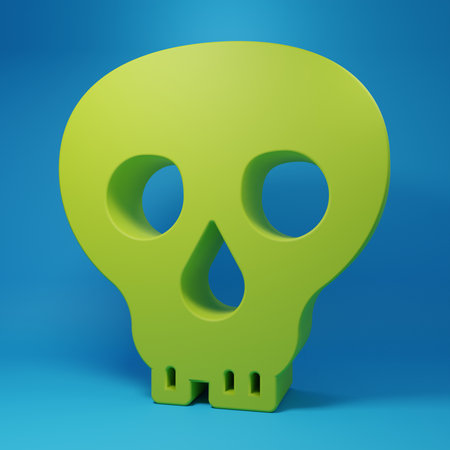 Green Skull icon isolated on blue background. Happy Halloween party. Minimalism concept. 3D render illustration.の写真素材