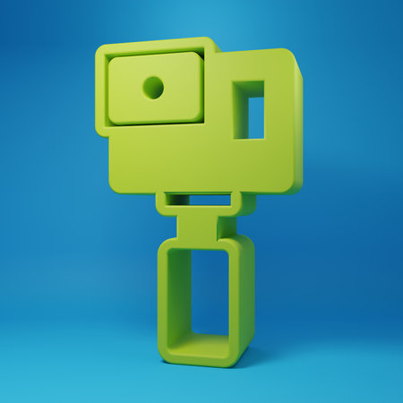 Green Action extreme camera icon isolated on blue background. Video camera equipment for filming extreme sports. Minimalism concept. 3D render illustration.の写真素材