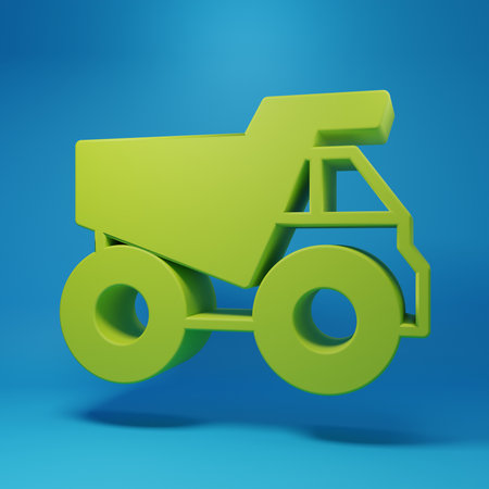 Green Mining dump truck icon isolated on blue background. Minimalism concept. 3D render illustration.の写真素材