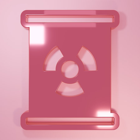 Pink Radioactive waste in barrel icon isolated on pink background. Toxic refuse keg. Radioactive garbage emissions, environmental pollution. Minimalism concept. 3D render illustration.の写真素材