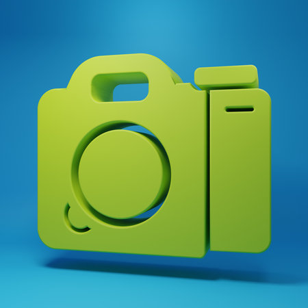 Green Photo camera icon isolated on blue background. Foto camera. Digital photography. Minimalism concept. 3D render illustration.の写真素材