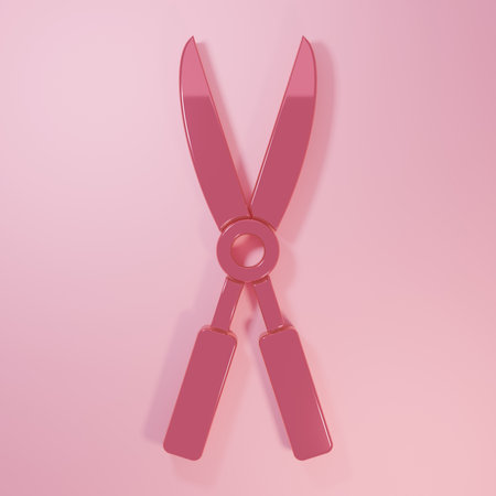 Pink Gardening handmade scissors for trimming icon isolated on pink background. Pruning shears with wooden handles. Minimalism concept. 3D render illustration.の写真素材