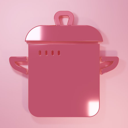 Pink Cooking pot icon isolated on pink background. Boil or stew food symbol. Minimalism concept. 3D render illustration.の写真素材