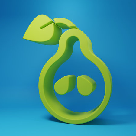 Green Pear icon isolated on blue background. Fruit with leaf symbol. Minimalism concept. 3D render illustration.の写真素材