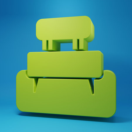 Green Bench icon isolated on blue background. Minimalism concept. 3D render illustration.の写真素材