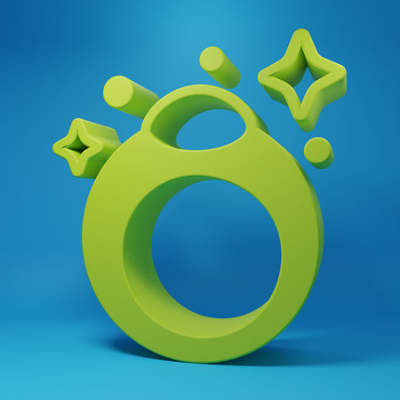Green fantasy magic stone ring with gem icon isolated on blue background. Minimalism concept. 3D render illustration.の写真素材