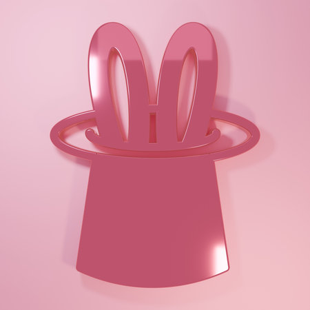 Pink Magician hat and rabbit ears icon isolated on pink background. Magic trick. Mystery entertainment concept. Minimalism concept. 3D render illustration.の写真素材