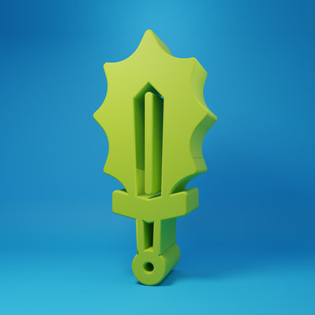 Green sword icon isolated on blue background. Fiery sword. Magic weapon of knight, sorcerer, magician. Fire spell. Burning blade. Minimalism concept. 3D render illustration.の写真素材