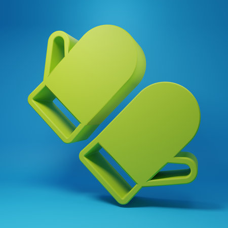 Green Christmas mitten icon isolated on blue background. Merry Christmas and Happy New Year. Minimalism concept. 3D render illustration.の写真素材