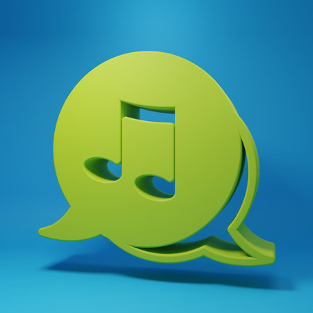 Green Music note, tone icon isolated on blue background. Minimalism concept. 3D render illustration.