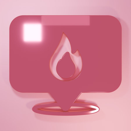 Pink Map pointer with fire flame icon isolated on pink background. Fire nearby. Minimalism concept. 3D render illustration.の写真素材