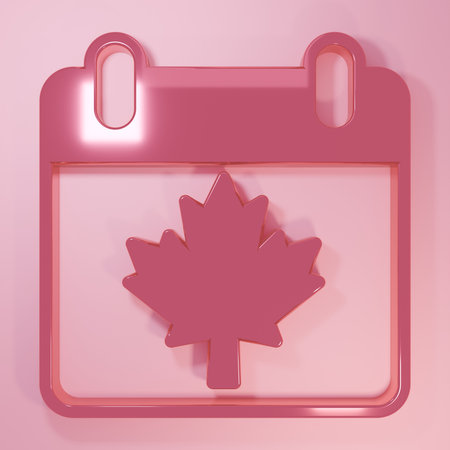 Pink Canada day with maple leaf icon isolated on pink background. 1st of July Independence Day on the calendar with the Canada flag. Minimalism concept. 3D render illustration.の写真素材